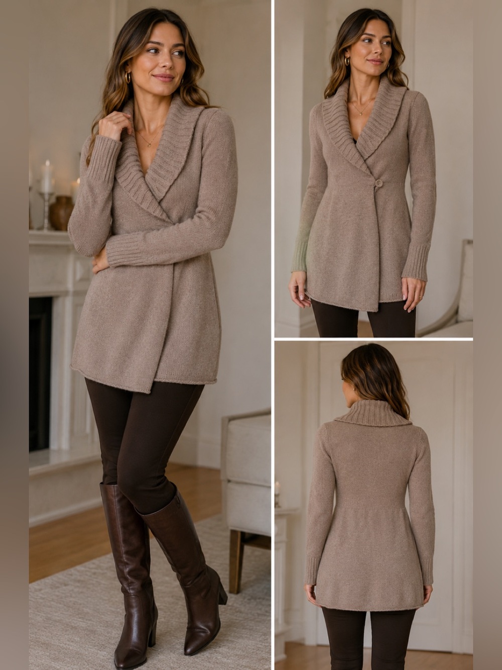 ARITZIA Talula tan brown rolled collar side tie cashmere cardigan sweater Sz XS